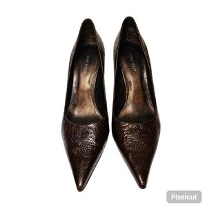 Nine West coffee brown gold leather upper high heel stiletto shoes size 10 US